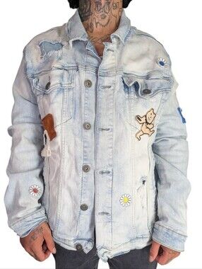 Kloud 9 NWOT Teddy Bear Patchwork Distressed Denim Jacket XL